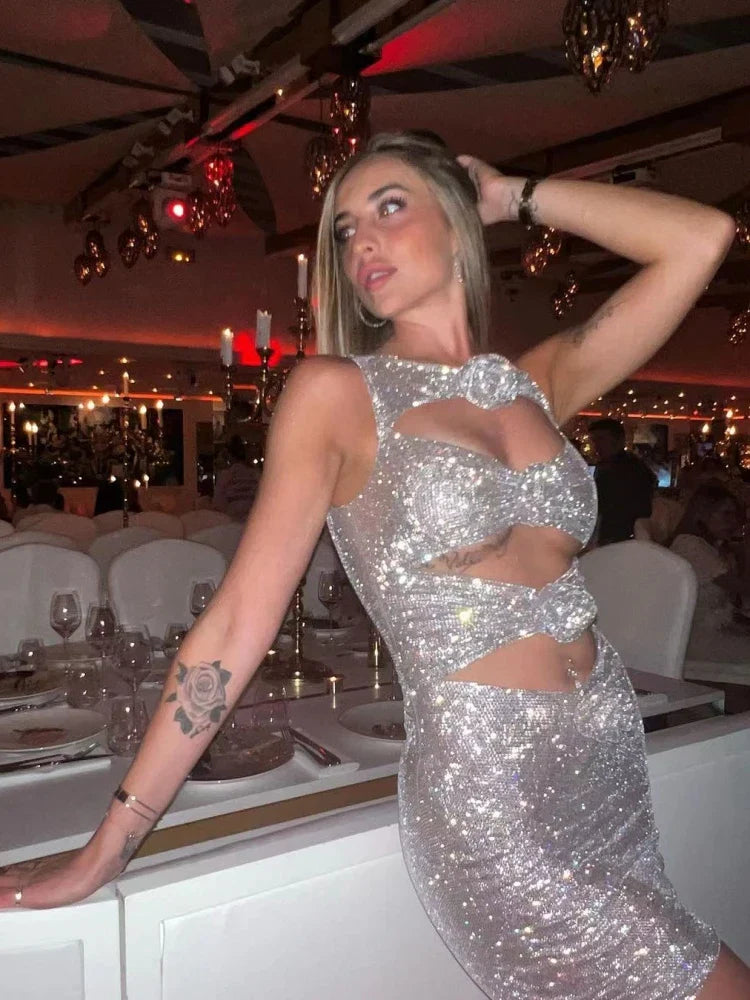 Sexy Luxury Diamonds 3D Flowers Mini Dress Sleeveless Cut Out Sparkly Party Dress image 2