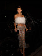Sexy Luxury Sequins Feather Strapless Top Skirt Two Piece Set Party Dress image 1