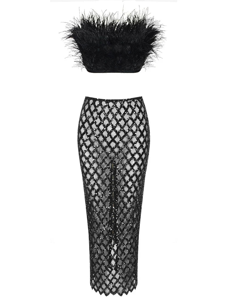 Sexy Luxury Sequins Feather Strapless Top Skirt Two Piece Set Party Dress image 7