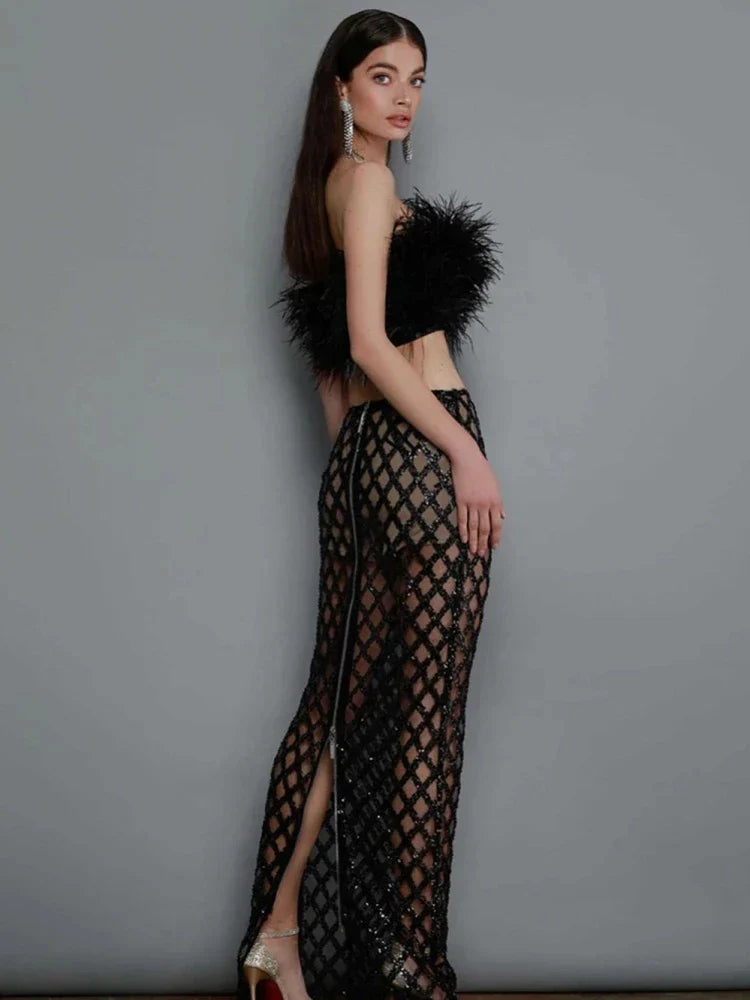 Sexy Luxury Sequins Feather Strapless Top Skirt Two Piece Set Party Dress image 4