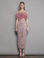 Sexy Luxury Sequins Feather Strapless Top Skirt Two Piece Set Party Dress image 5