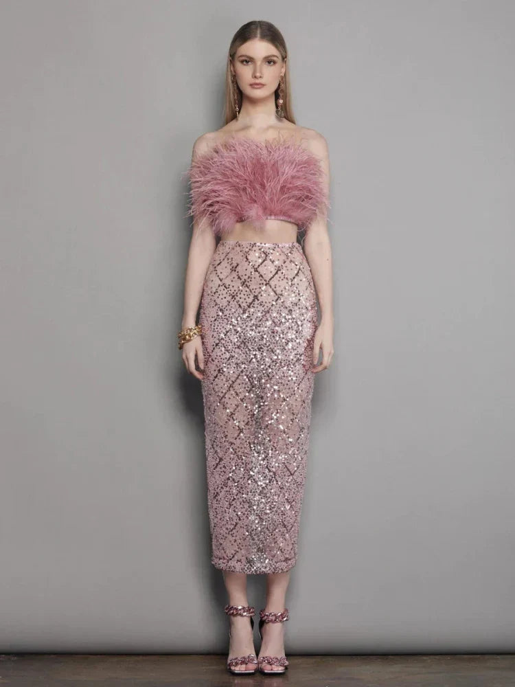 Sexy Luxury Sequins Feather Strapless Top Skirt Two Piece Set Party Dress image 5