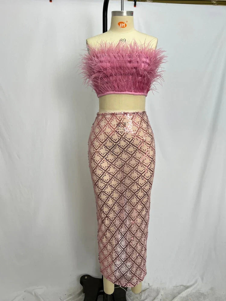 Sexy Luxury Sequins Feather Strapless Top Skirt Two Piece Set Party Dress image 9