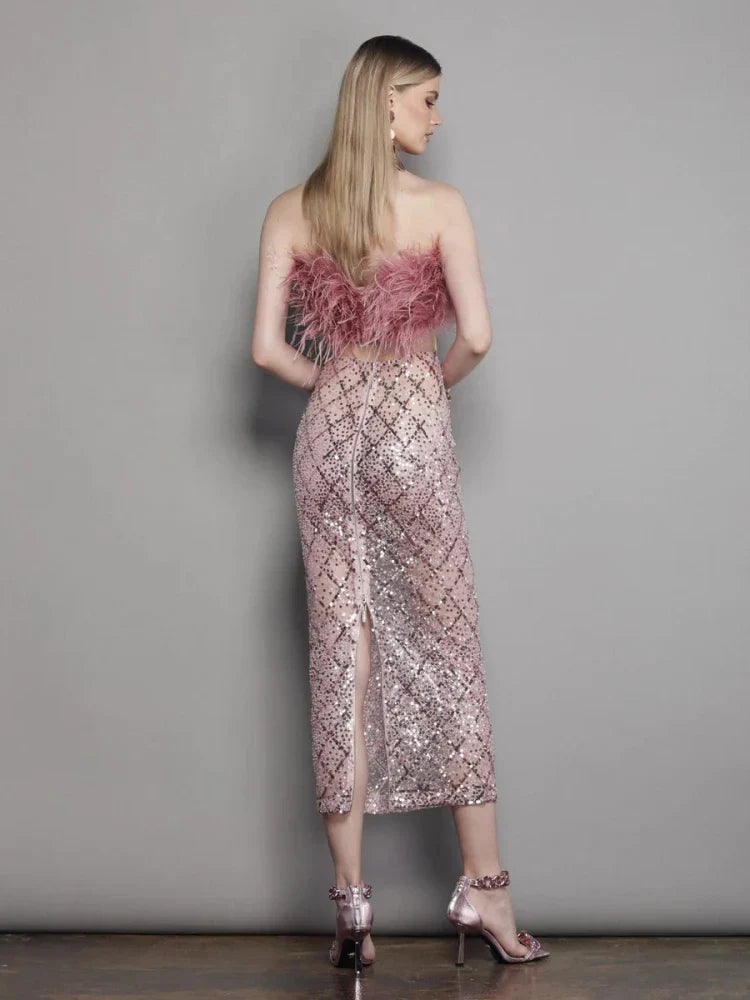 Sexy Luxury Sequins Feather Strapless Top Skirt Two Piece Set Party Dress image 6