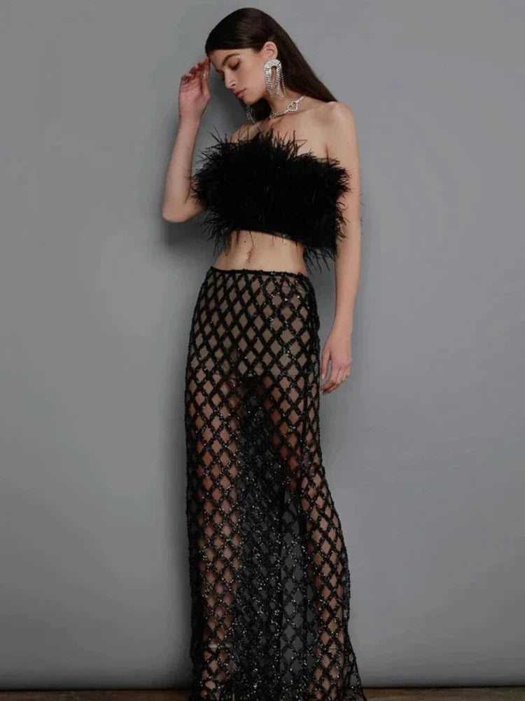 Sexy Luxury Sequins Feather Strapless Top Skirt Two Piece Set Party Dress image 3
