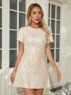 Sexy O Neck Short Sleeve Shiny Sequins Beaded Mini Elegant Party Dress image 1
