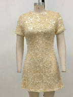 Sexy O Neck Short Sleeve Shiny Sequins Beaded Mini Elegant Party Dress image 7