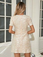 Sexy O Neck Short Sleeve Shiny Sequins Beaded Mini Elegant Party Dress image 5