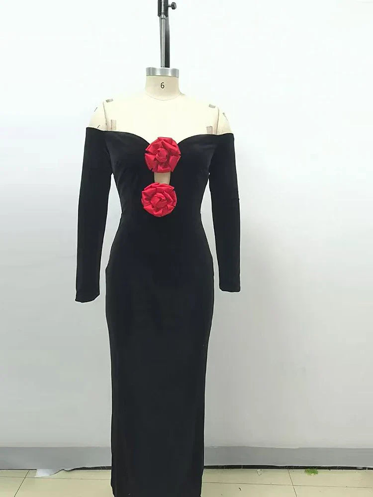 Sexy Off Shoulder V Neck Hollow Out Flower Dress Women Party Dress image 5