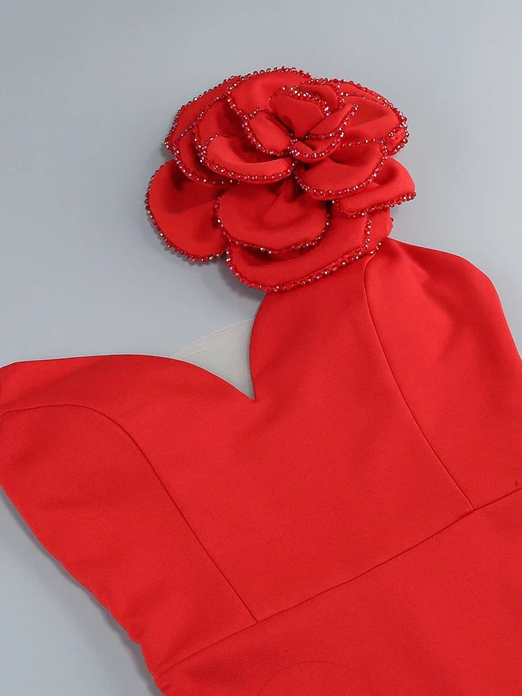Sexy One Shoulder Diamonds Flower Patchwork Maxi Red Party Dress image 6