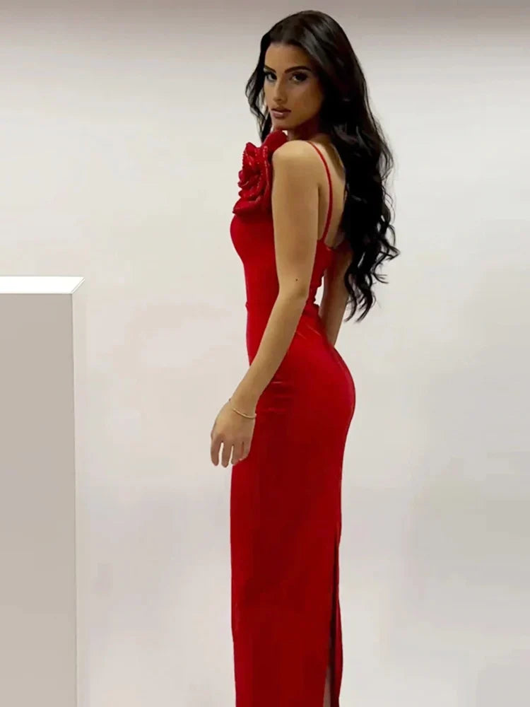 Sexy One Shoulder Diamonds Flower Patchwork Maxi Red Party Dress image 4