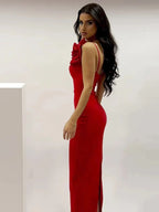 Sexy One Shoulder Diamonds Flower Patchwork Maxi Red Party Dress image 4