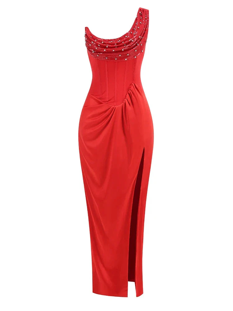 Sexy One Shoulder Embroidered Flares Slim Red Mesh Beaded Party Dress image 7
