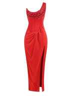 Sexy One Shoulder Embroidered Flares Slim Red Mesh Beaded Party Dress image 7
