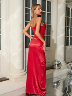 Sexy One Shoulder Embroidered Flares Slim Red Mesh Beaded Party Dress image 6