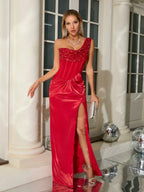 Sexy One Shoulder Embroidered Flares Slim Red Mesh Beaded Party Dress image 3