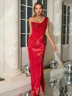 Sexy One Shoulder Embroidered Flares Slim Red Mesh Beaded Party Dress image 2