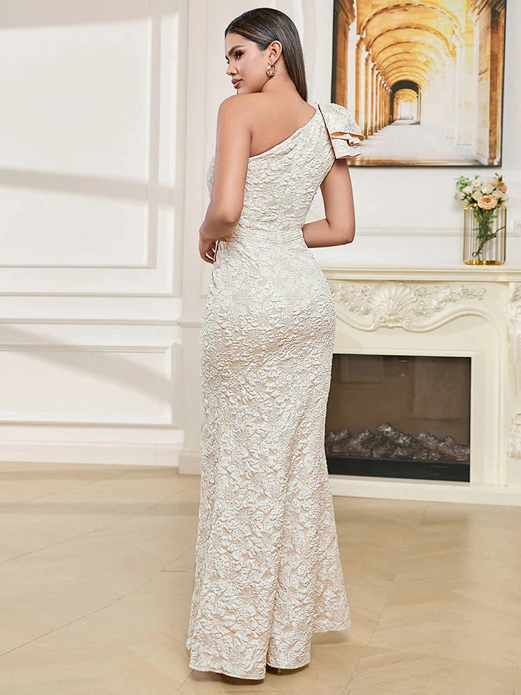 Sexy One Shoulder Flower Jacquard Long Sleeveless Folds Party Dress image 5