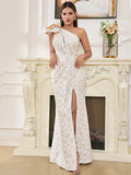 Sexy One Shoulder Flower Jacquard Long Sleeveless Folds Party Dress image 1