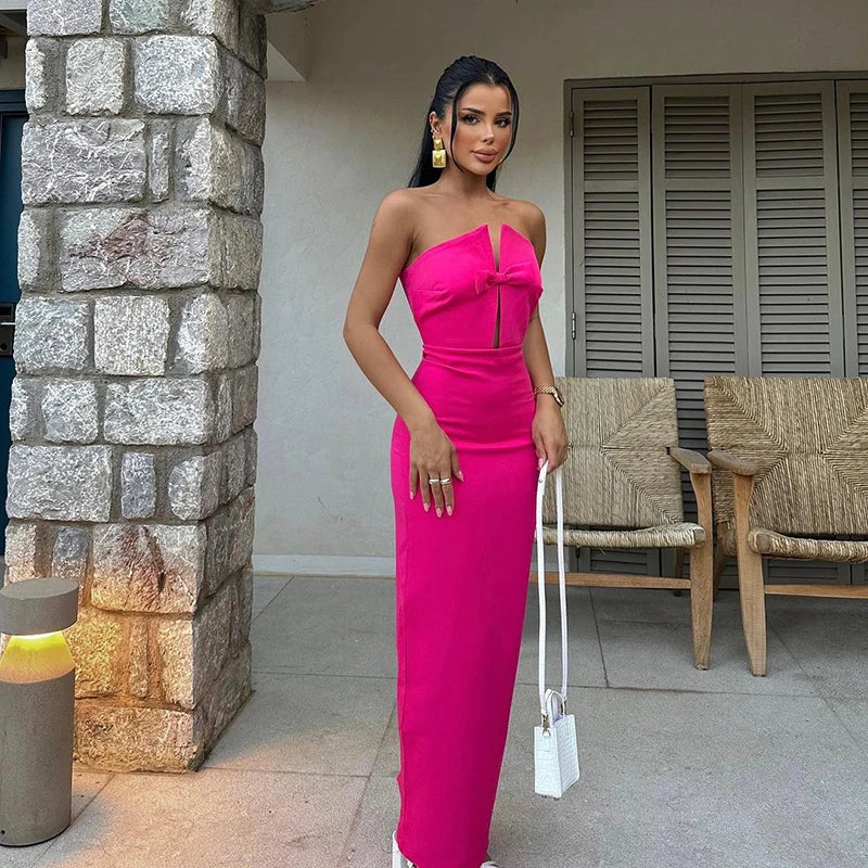 Sexy Strapless Slim Hollow Out Maxi Red Party Dress image 4