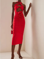 Sexy Sleeveless Flower Design Bodycon Midi Dress Cross Sling Cut Out Party Dress image 2