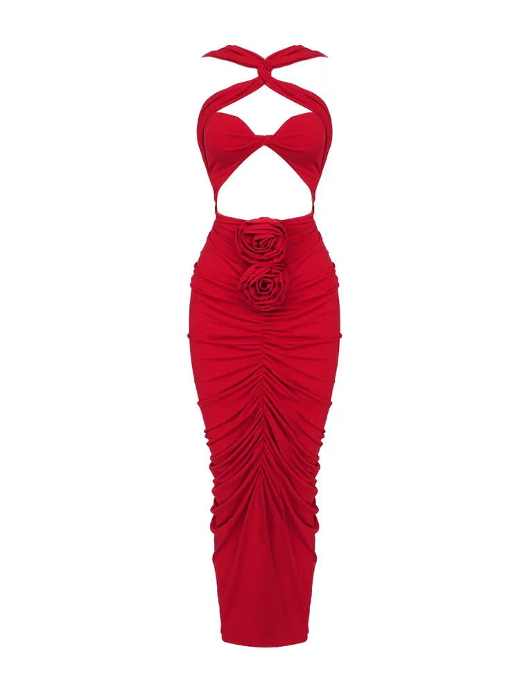 Sexy Sleeveless Flower Design Bodycon Midi Dress Cross Sling Cut Out Party Dress image 7