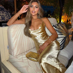 Gold Satin Spaghetti Strap Party Dress image 1