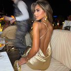 Gold Satin Spaghetti Strap Party Dress image 2