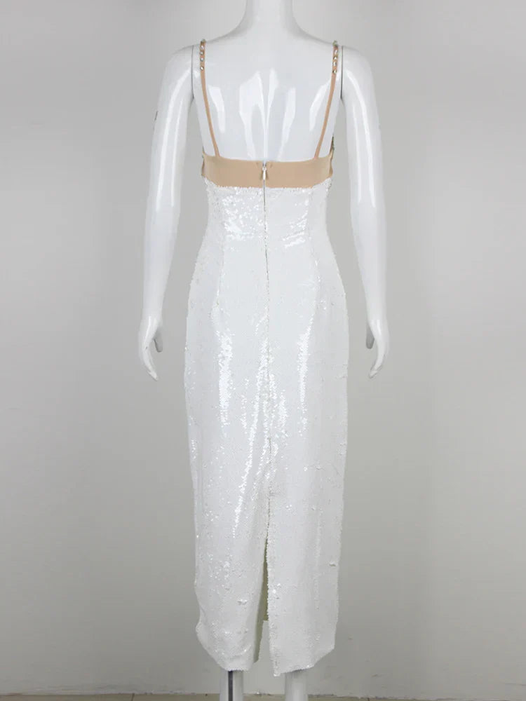 Sexy Spaghetti Strap Luxury Diamond Sequin Dress White Backless Midi Party Dress image 6