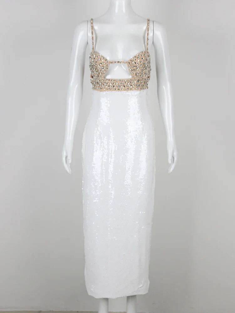 Sexy Spaghetti Strap Luxury Diamond Sequin Dress White Backless Midi Party Dress image 5