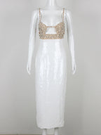 Sexy Spaghetti Strap Luxury Diamond Sequin Dress White Backless Midi Party Dress image 5