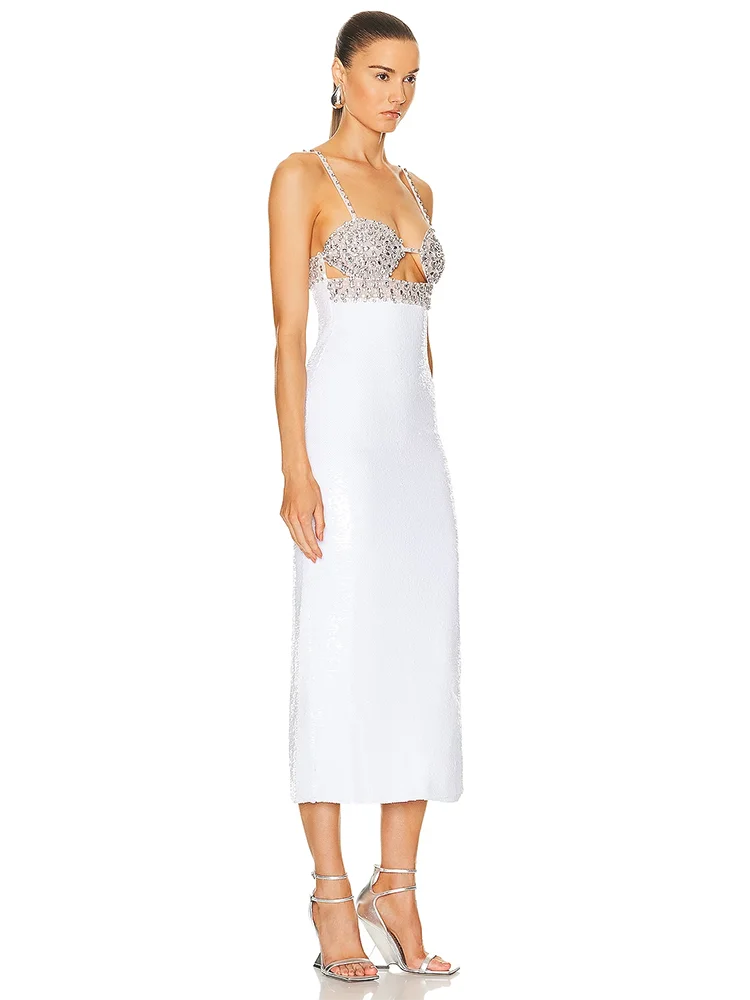 Sexy Spaghetti Strap Luxury Diamond Sequin Dress White Backless Midi Party Dress image 3