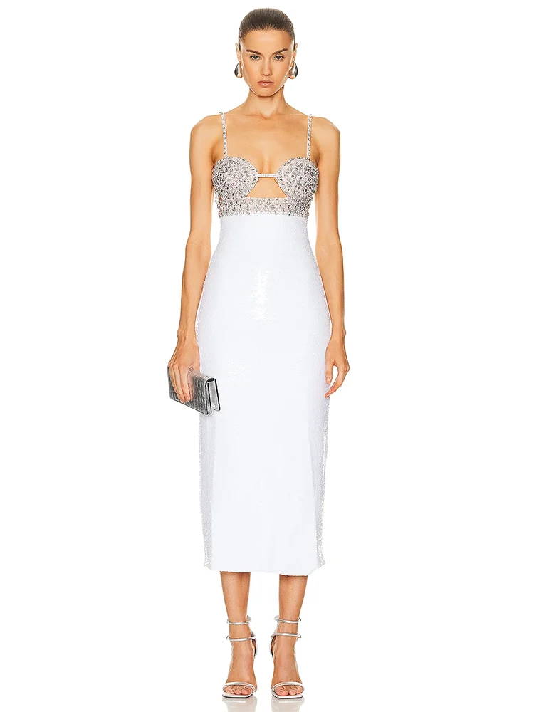 Sexy Spaghetti Strap Luxury Diamond Sequin Dress White Backless Midi Party Dress image 2