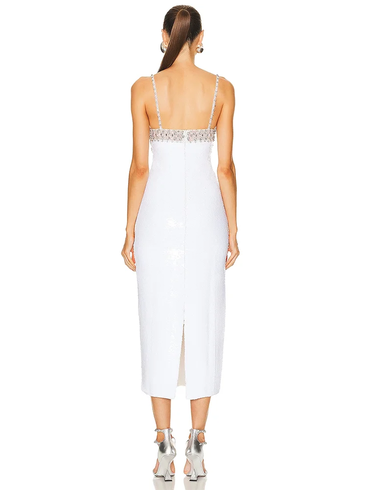 Sexy Spaghetti Strap Luxury Diamond Sequin Dress White Backless Midi Party Dress image 4
