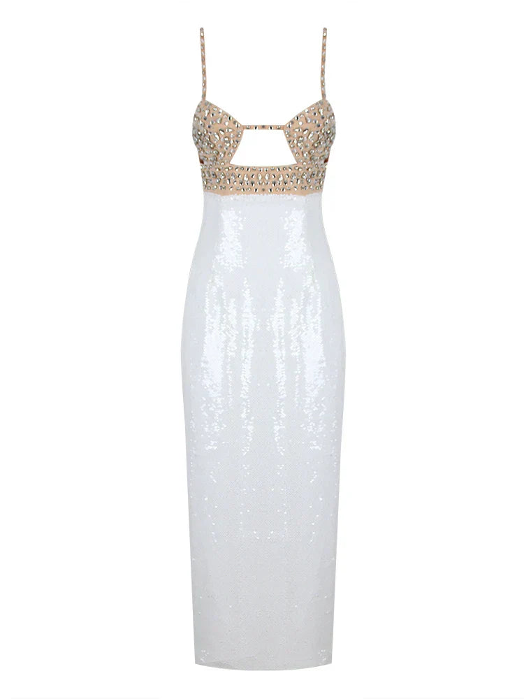 Sexy Spaghetti Strap Luxury Diamond Sequin Dress White Backless Midi Party Dress image 7