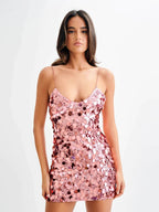Sexy Spaghetti Strap Shiny Sequins Mini Dress Women Pink Party Dress image 1