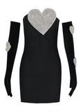 Sexy Strapless Heart Diamonds Bandage Gloves Black Backless Bodycon Party Dress image 7