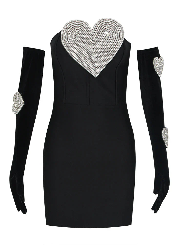 Sexy Strapless Heart Diamonds Bandage Gloves Black Backless Bodycon Party Dress image 7