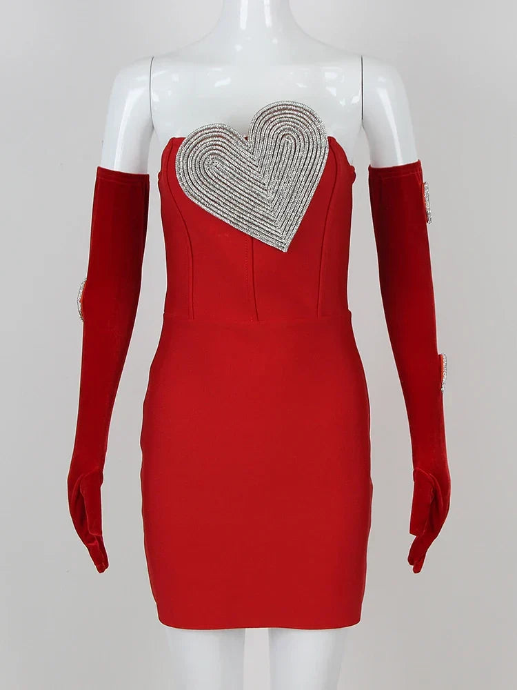 Sexy Strapless Heart Diamonds Bandage Gloves Black Backless Bodycon Party Dress image 8