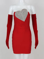 Sexy Strapless Heart Diamonds Bandage Gloves Black Backless Bodycon Party Dress image 8