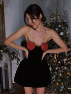 Sexy Strapless Heart Shape Crystal Design Mini Dress Velvet A-Line Party Dress image 1