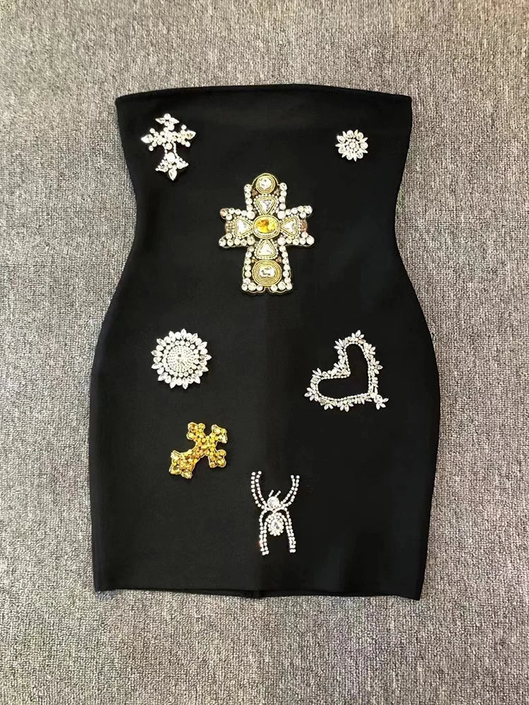 Sexy Strapless Luxury Diamonds Bandage Black Sleeveless Beaded Mini Evening Party Dress image 7