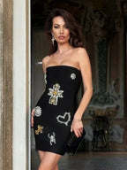 Sexy Strapless Luxury Diamonds Bandage Black Sleeveless Beaded Mini Evening Party Dress image 2