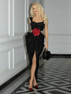 Sexy Straps 3D Flower Shiny Sequins Folds Long Cutout Slim Party Dress image 1