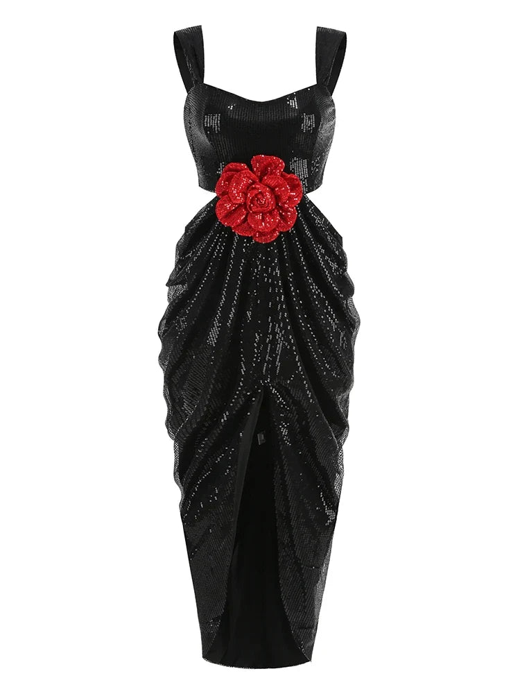 Sexy Straps 3D Flower Shiny Sequins Folds Long Cutout Slim Party Dress image 5