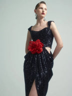 Sexy Straps 3D Flower Shiny Sequins Folds Long Cutout Slim Party Dress image 4