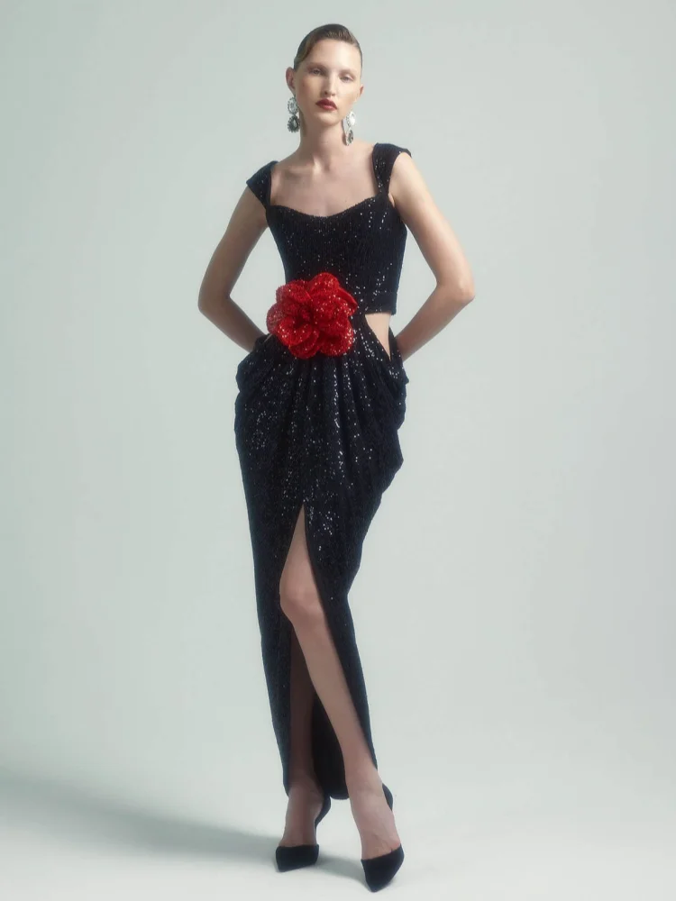 Sexy Straps 3D Flower Shiny Sequins Folds Long Cutout Slim Party Dress image 3