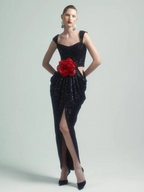 Sexy Straps 3D Flower Shiny Sequins Folds Long Cutout Slim Party Dress image 3