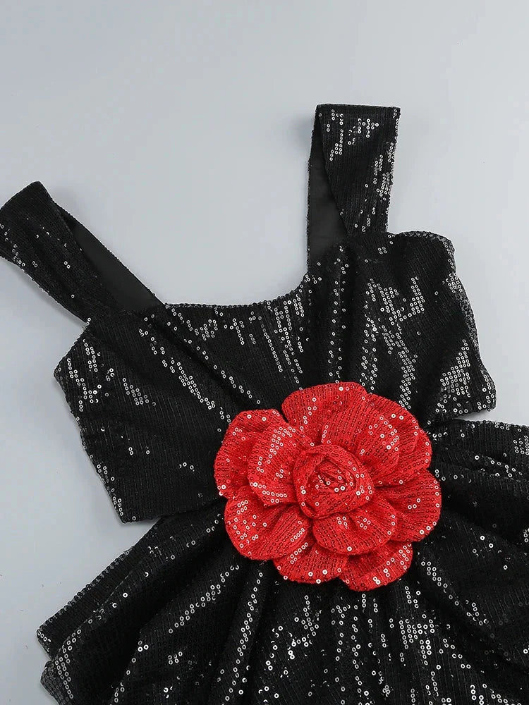 Sexy Straps 3D Flower Shiny Sequins Folds Long Cutout Slim Party Dress image 6
