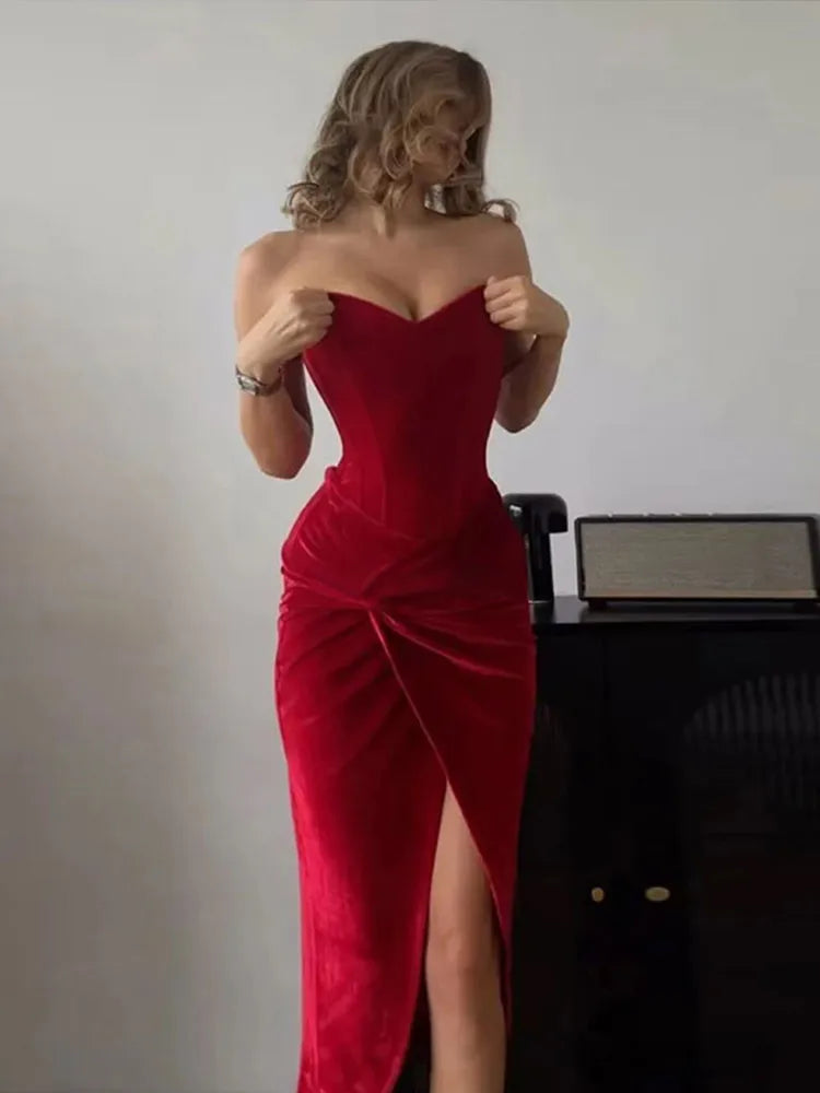 Velvet Strapless Split Party Dress image 1